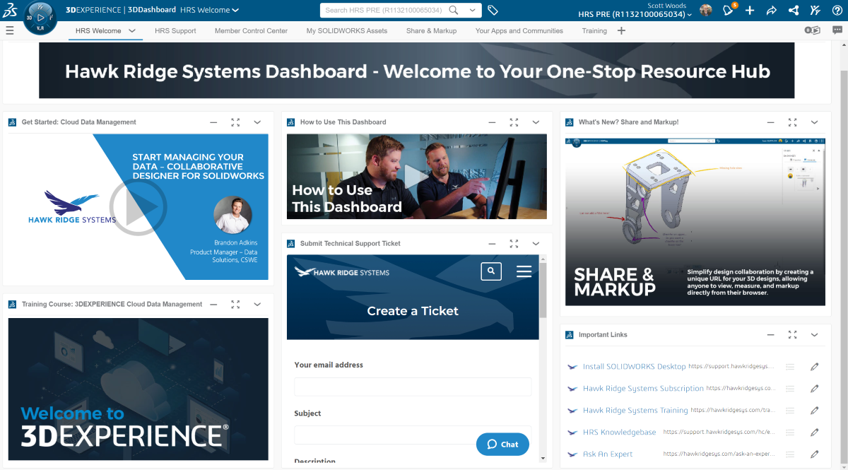 The HRS customer dashboard: a one-stop for support, SOLIDWORKS downloads, training, and more! 