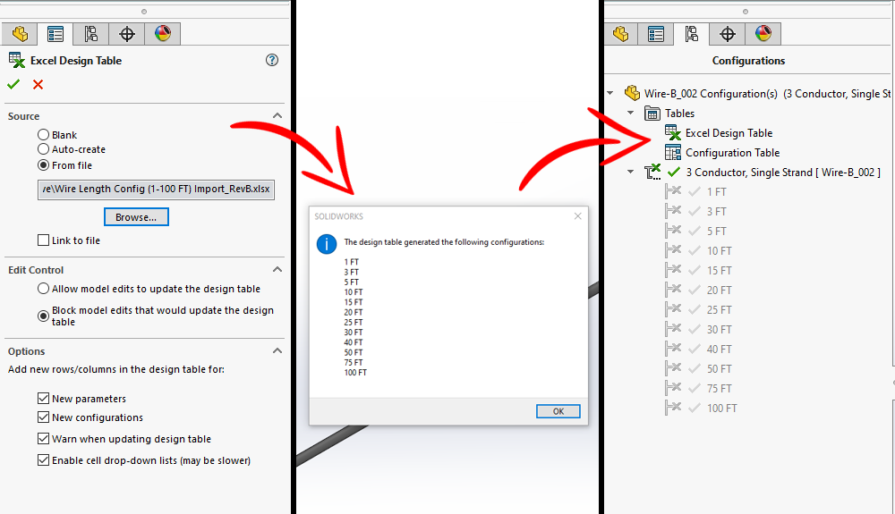 Importing design table to make multiple configurations simultaneously