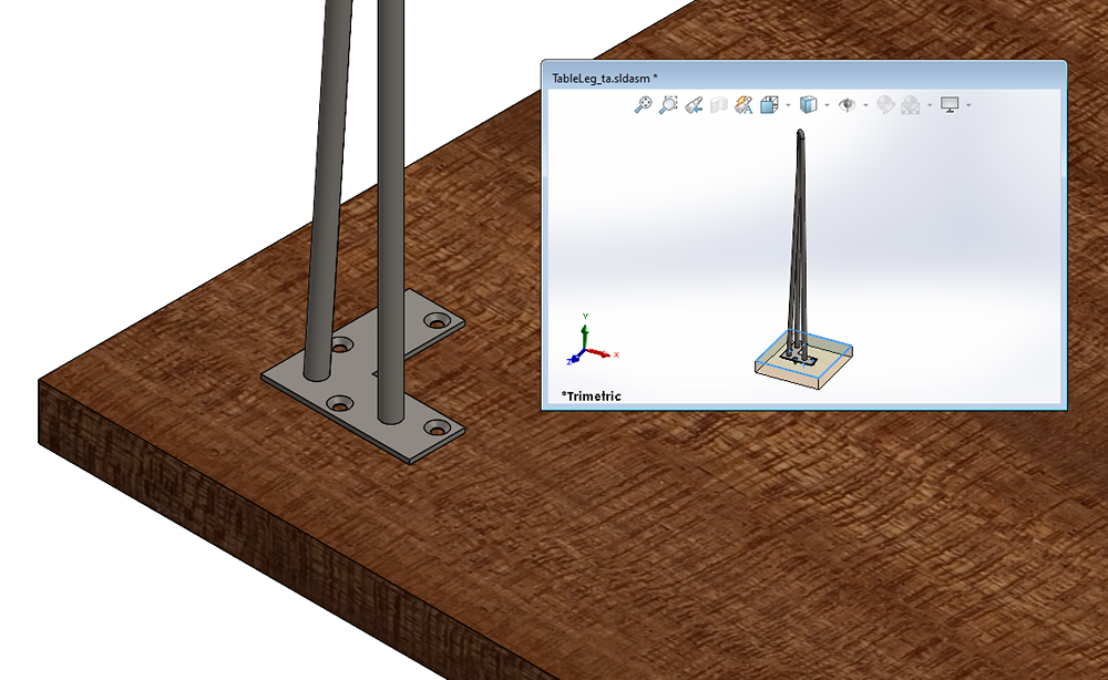 Figure 16: The smaller window highlights the referenced face to replace. Its analog here will be the surface of the table. 