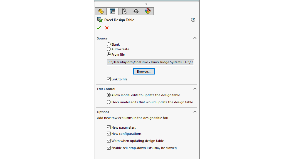 Excel design table options in SOLIDWORKS