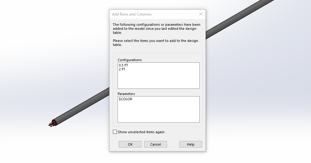 Configurations for design table in SOLIDWORKS