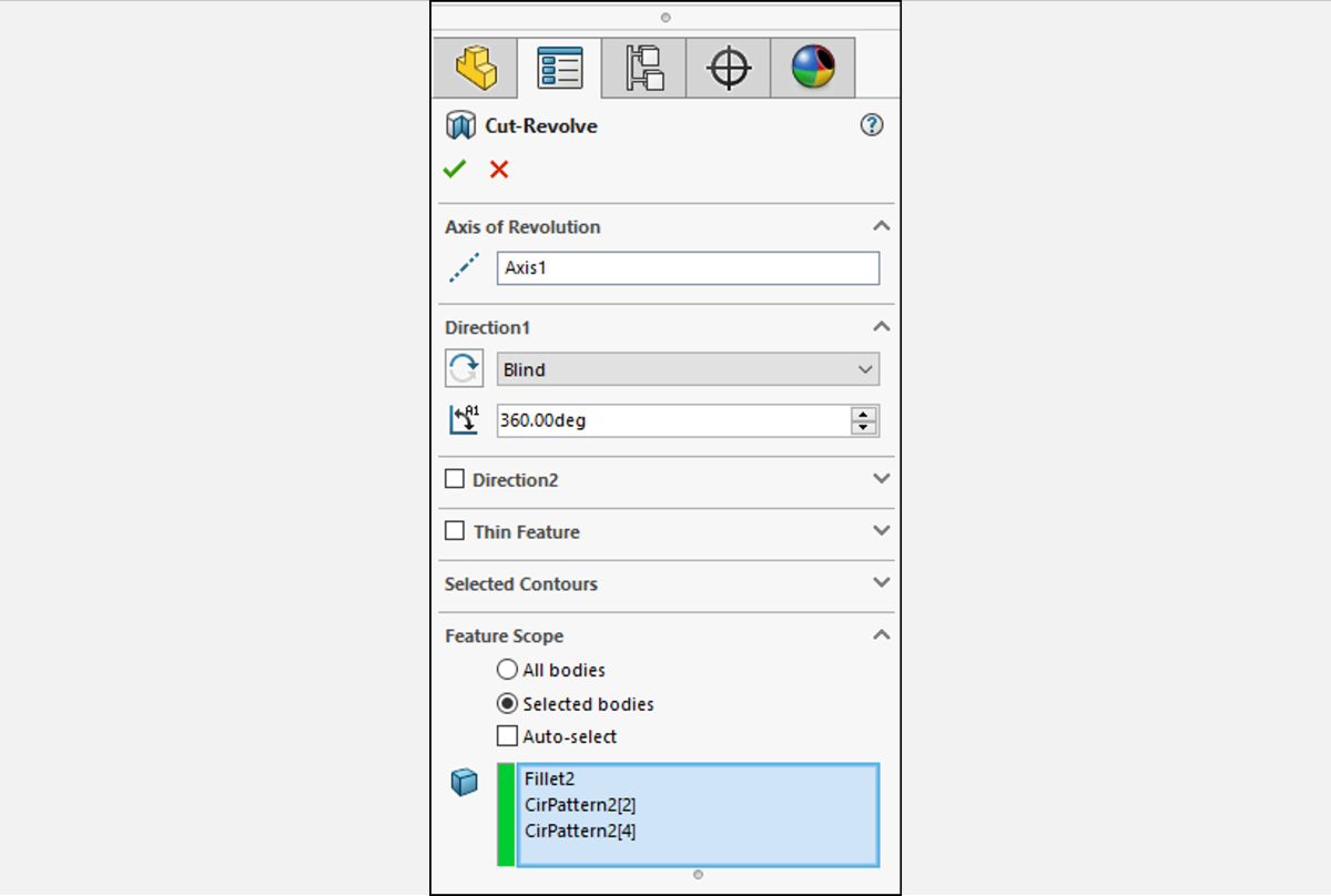 Feature scope in the PropertyManager in SOLIDWORKS