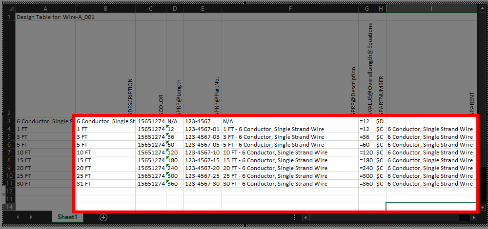 Parameters in excel design table