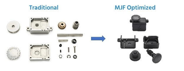 A comparison of the original Aerosport Modeling rudder trim system and the Multi Jet Fusion consolidated assembly. 