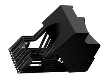 Composite Markforged printers can inlay continuous strands of fiber (left) into the polymer geometry of a 3D printed part. 