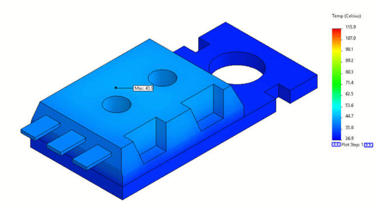 Temperature results that show the maximum temperature change location in SOLIDWORKS Simulation