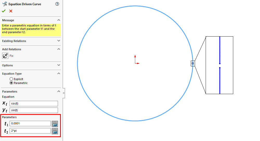 Curves cannot be self-intersecting with the equation driven curves tool in SOLIDWORKS