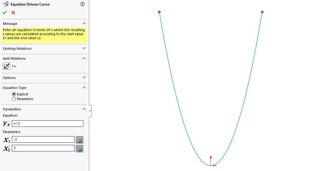 Creating a parabola in SOLIDWORKS