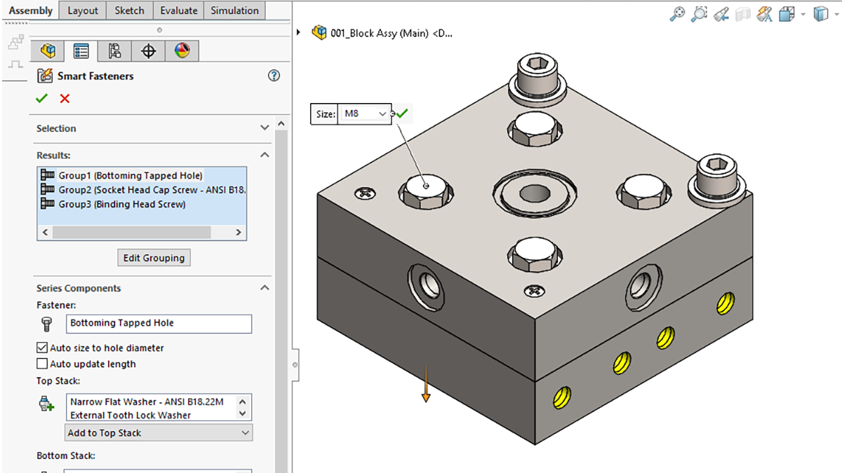 An assembly with all fasteners auto-sized and mated in SOLIDWORKS