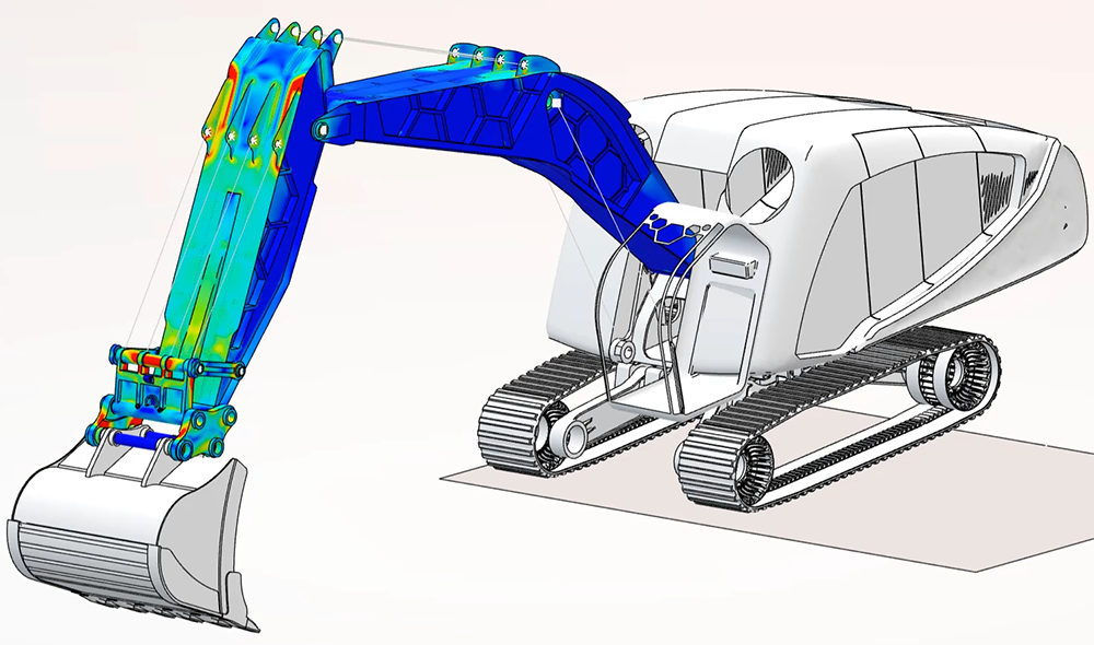 Excavator undergoing simulation testing using finite element analysis (FEA) in SOLIDWORKS