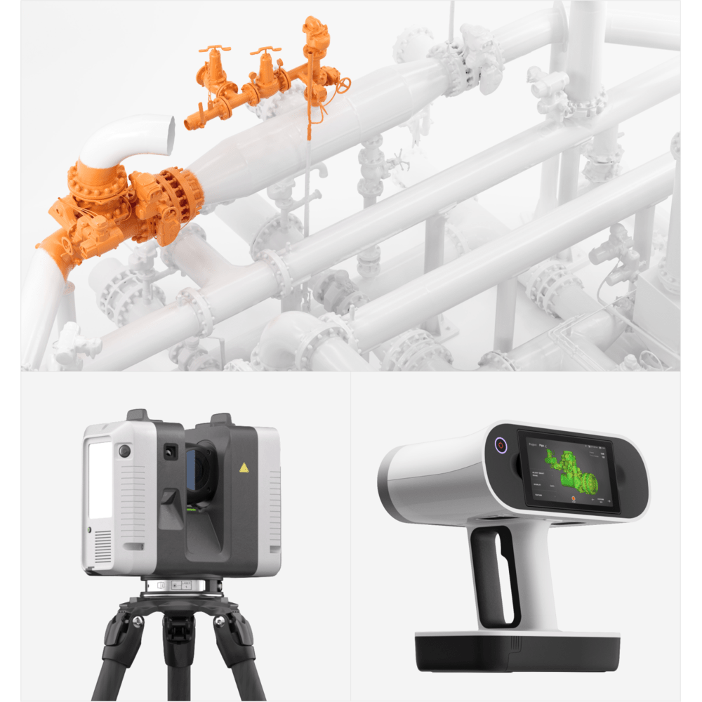 The Artec Ray II and Leo work together to capture a pipe layout and key features in greater detail. 