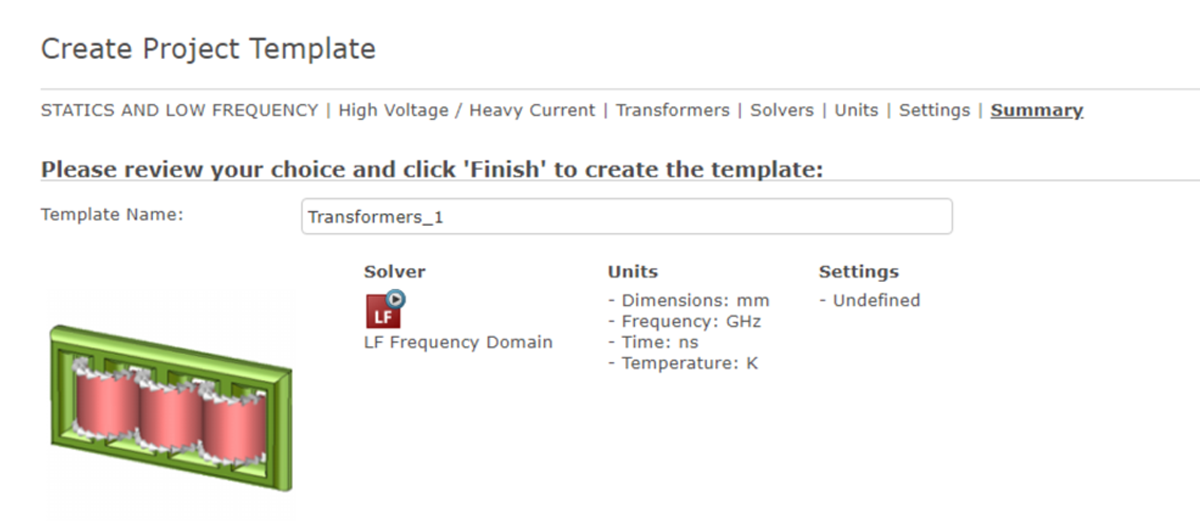 The summary menu of the SIMULIA CST Project Template