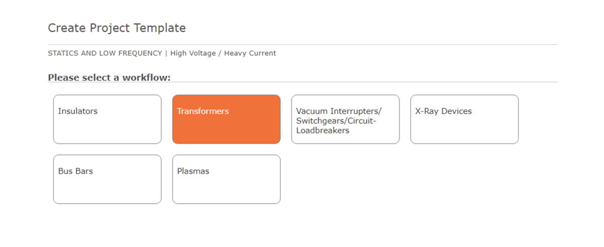 The specific workflow choices in the SIMULIA CST Project Template menu 